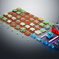 Cartoon Lego Farm Scene Featuring Colorful Crop Plots Red Barn Tractor And Small Figures